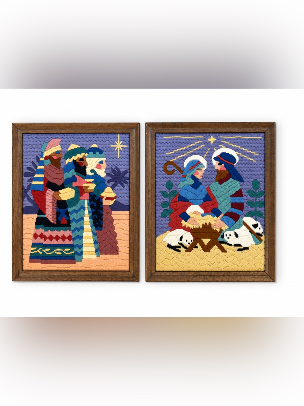 Vintage Framed Needlepoint Nativity Wall Art Set of 2 Christmas Wise Men Shepher